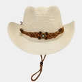 Detail of hand-woven straw hat featuring brown beaded band and turquoise stone accessory - M (56-58cm) / Beige