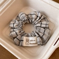 Black and white checkered scrunchie with lace edge and handmade cotton soft label - Gray Plaid With Rabbit Label