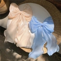 Elegant oversized mesh bow hair clip with long ribbons in champagne and sky blue - Large Bow with Long Streamers / Champagne