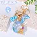 Ocean style letter Q keychain with blue tassel and mermaid tail in summer beach design - Letter Q