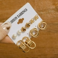 5-pair vintage gold geometric earring set with pearls and butterfly studs on display card - E055/Exquisite Style / Gold/White