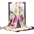 Champagnegouden satijnen vierkante sjaal met grote paarse bloemenprint en rand - 90*90cm / Paarse Bloemen