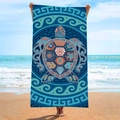 Blue rectangular beach towel with a colorful sea turtle mandala and wave pattern design - B63-Mandala Turtle / 160cm x 80cm
