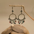 Bohemian bronze hoop earrings with turquoise beads and natural white shell drops - Bronze Shell Handmade Bead Style (E2788-1)