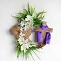 Easter cross wreath with white lilies, burlap bow, and purple sash on grapevine base - 35CM/Purple Scarf Style
