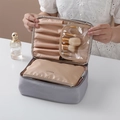 Gray memory cloth makeup bag with removable beige pouch and cosmetic brush slots - Grey Large