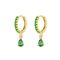 Detail of gold hoop earrings with pavé set green zircon and pear-shaped drop charms - Gold Waterdrop Green