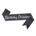 Detail of a black velvet Birthday Princess sash with sparkling silver glitter lettering - Black Holographic Sash (Single)