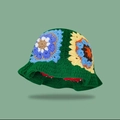 Handmade crochet floral bucket hat in dark green with colorful vintage knitted patterns - M (56-58cm) / Patchwork Flower Green