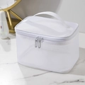White mesh travel toiletry bag with top handle and double zipper on marble surface - Single Layer / White