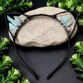 Detail of blue crystal cat ear headband with handmade wire wrapping and beads - Light Blue Cat Ears