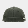 Vintage washed canvas docker hat with metal logo plate and distressed stitching details - Metal Label / Army Green