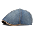 Retro denim blue flat cap with brown leather trim and contrast stitching details - Medium Blue 2