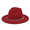 Detail of red wool felt fedora hat featuring a stylish silver metal chain band accessory - Dark Red Hat Silver Chain