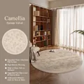 Tapis rond rétro fleuri beige crème en velours synthétique avec envers antidérapant - Diamètre 80cm / Hibiscus