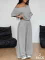 Women's grey two-piece lounge set with off-shoulder top and wide-leg trousers - S / Light Gray