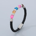 Men's braided leather bracelet with colorful beads and magnetic metal clasp on grey background - 21cm / Steel Color (KB179958-YA)