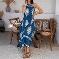 Bohemian blue halter neck maxi dress with white tribal pattern in Mediterranean style - S / Grey Blue