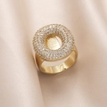 Gold plated open ring with circular zircon pave setting on beige silk fabric - Small / Letter O