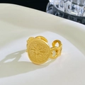Adjustable gold plated irregular ring featuring a sunburst textured round face and chain band - 04 Gold 3834