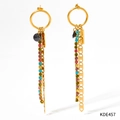 Golden drop earrings with colorful rhinestones and elegant long chain tassels - 14K Gold (KDE457)