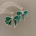 Emerald green crystal bow earrings with gold beads and sparkling rhinestones - Emerald Green Rhinestone Bow Earrings (Silver Earring Post)