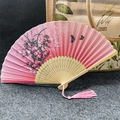 Pink gradient floral folding fan with bamboo ribs and tassel for dancing and photography - Butterfly Flying Flower - Pink