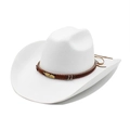 White wide brim cowboy fedora hat with brown beaded band and golden feather detail - M(56-59CM) / White