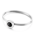 Polished silver stainless steel bangle with faceted black gemstone and zircon halo - Silver Black Gemstone Style (KB75618-Z)