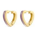 Vue détaillée de boucles d'oreilles cœur en or avec émail violet et fermoir à cliquet - Violet (VE1496)