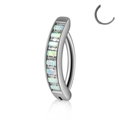 Silver curved opal belly button ring with rectangular stones and a small hoop charm - Style 2-Opal OP17