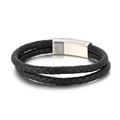 Double-layer black braided leather bracelet featuring a polished magnetic metal clasp - Black