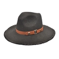 Dettaglio cappello di paglia nero con cinturino in pelle marrone e fibbia dorata - Nero