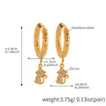 Detail view showing hammered gold cat earrings with zircon stones and dimensions - Q120-Hammered Cat Pendant Gold Earrings