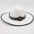 White British jazz wool felt hat with turquoise leather band and wide brim - One Size (Wide Brim) / White Black Rim (Treasure Flower Leather Belt)