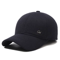 Men's winter knit baseball cap in dark navy with ear protection and Grod metal logo - Adjustable / Navy Blue