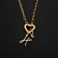14K gold stainless steel heart clasp necklace with letter H pendant and pink crystal - Letter H