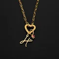 14K gold stainless steel heart clasp necklace with letter H pendant and pink crystal - Letter H