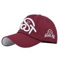 Detail view of burgundy baseball cap featuring 3D white embroidery and cotton twill texture - Adjustable / Burgundy