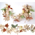 Close-up of autumn garland featuring white pumpkins, maple leaves, and yellow berries - 1.72m 100g Pumpkin Berry Plastic Maple Leaf Garland