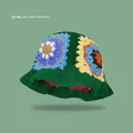 Green crochet bucket hat with sunflower pattern and blue flowers in bohemian style - One Size / Dark Green Daisy Hat