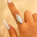 Silver leaf shaped stainless steel open ring with textured feather vein details - Steel (M-420)
