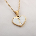 Golden heart necklace with white shell inlay featuring uppercase letter I pendant - Letter I