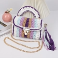 Handmade woven crossbody bag with colorful vertical stripes and golden metal lock - Purple Pink Mix