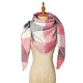 Pink and grey plaid knit triangle scarf for women with boucle yarn and overlock stitching - 18# Pink