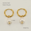 Detailed specs of gold-plated stainless steel earrings with white pearl pendants - Gold