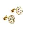 Golden titanium steel stud earrings featuring white shell inlay and letter G design - Letter G