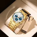 Men's waterproof quartz watch in gold stainless steel with a white dial and blue sub-dials - Gold Case White Dial Blue Ring
