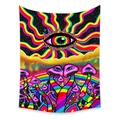 Close-up of psychedelic mushroom tapestry with a central eye and colorful rainbow stripes - Zj611-1