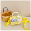 Detail of yellow tweed kids bag with decorative fabric flowers and pearl handle - Yellow Rabbit